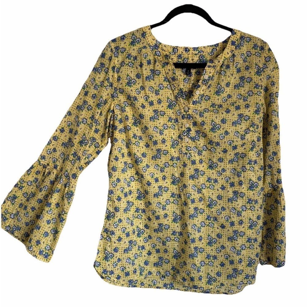 Talbots Popover Top Womens M Yellow Ditsy Floral Long Bell Sleeve Cotton Casual